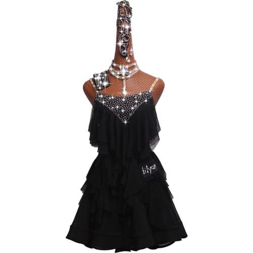 Childrens Latin Skirt Performing Dress sling backless, Black Floating Lace Elastic Mesh Fishbone Dress #LD0077