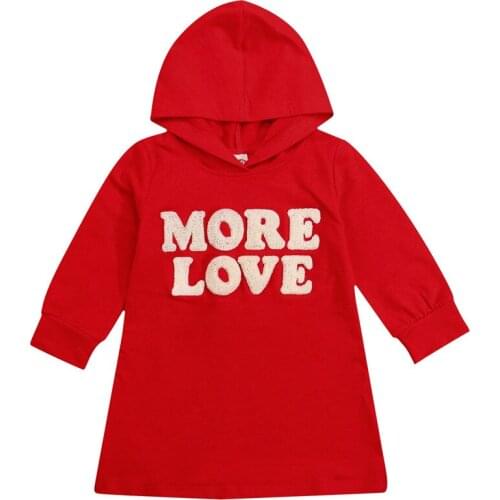 2021 2-7Y Kids Baby Girls Red Dress MORE LOVE Letter Print Long Sleeve Hooded Sweatshirt Dress Spring Autumn Casual Clothes