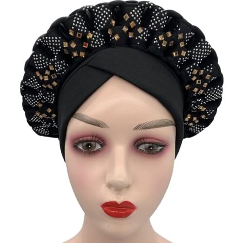 Diamonds Glitter African Auto Gele Headtie Female Head Wrap Muslim Headscarf Bonnets Islam Headwear Wedding Party Hat