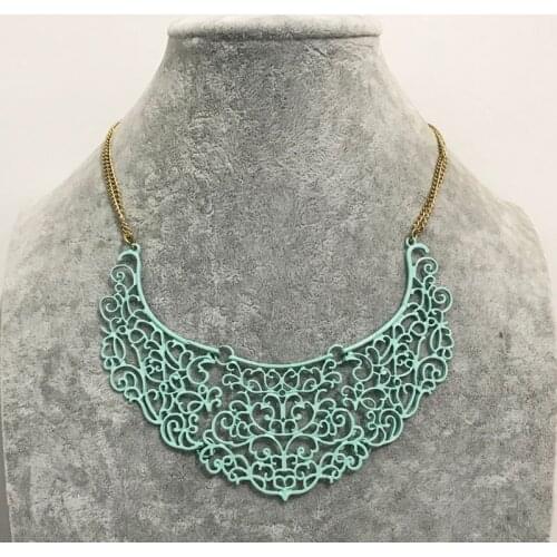 Gothletic Brand Blue/Green Lace Pattern Bib Collar Necklace Filigree Metal Maxi Statement Necklace for Women Fashion Jewelry