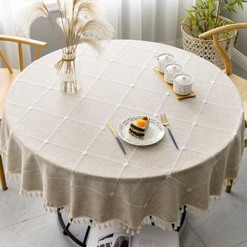 150cm Large Plaid Cotton Linen Tassel Round Tablecloth Wedding Hotel Banquet Cloth Indoor Dining Room Kitchen Outdoor Decoration