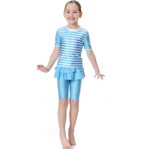 Girls Muslim Swimwears Islamic Children Two-piece Short SleeveSwimsuits Arab Islam Cute Children Holiday Beach Bathing Suit