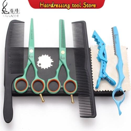 Suit 5.5" 16cm Stainless Mr Rabbit Green Professional Hairdressing Supplies Cutting Scissors Thinning Shears Hair Clippers M1104