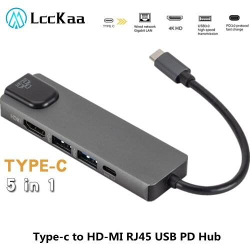 LccKaa Type C Hub USB-C To Gigabit Ethernet Port 4K HDMI-compatible USB 2.0 for Android Phone Laptops Tablet MacBook/Pro/Air