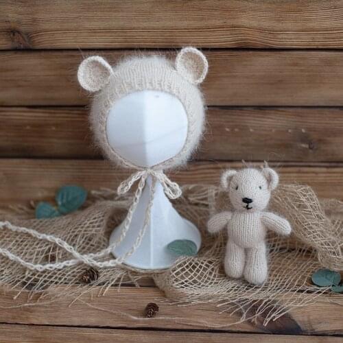 Newborn Photography Props Hat Set Knit Angola Teddy Bear Crochet Soft Bonnet Baby Photo Props Hat Toy