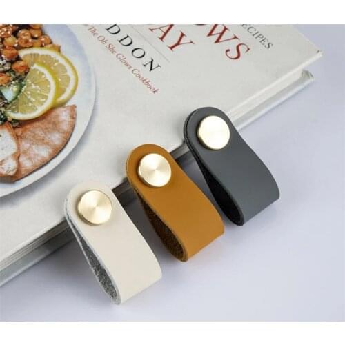 Genuine Leather Kitchen Handles Nordic Style Door Pull 14Colors Wardrobe Dresser Drawer Knobs Cowhide Leather Furniture Hardware