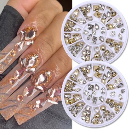 1 Box Mixed Shape Nail Art Rhinestone AB Flatback Glass Crystal 3D DIY Glitter Diamond Gold Nail Decorations Manicure Gems