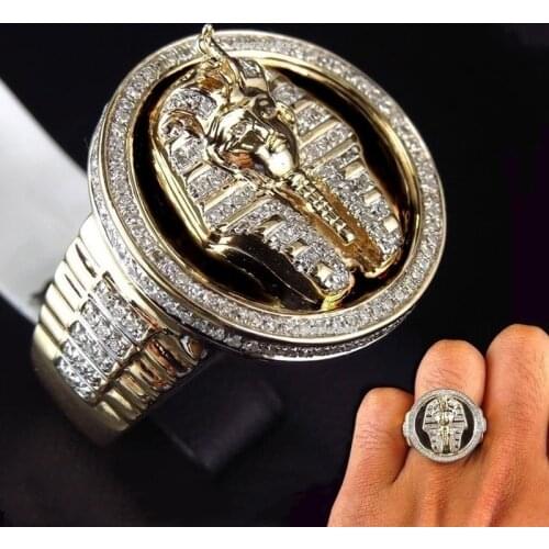 Vintage Golden Egypt Tutankhamun Ring Hiphop Mens Ancient Pharaoh Bling Cubic Zircon Rings Retro Ethnic Egyptian Biker Jewelry