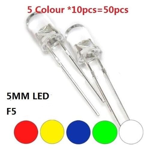 Yellow Red White Green Blue Colour 50PCS=5 Valuer*10pcs Transparent Cove LED 5MM Kit set pack Assortment DIY Assorted F5