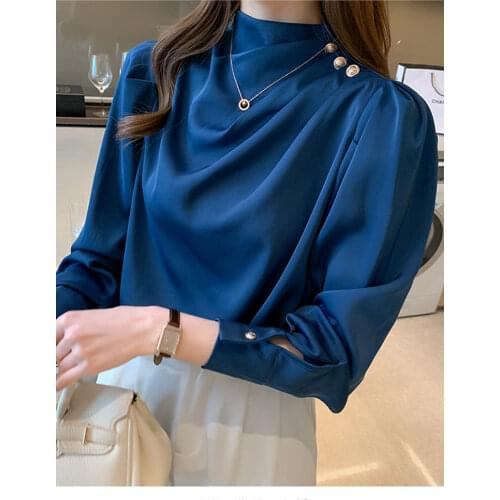 Women Bubble Sleeve Satin Shirts 2021 New Chiffon Tops Elegant High Collar Blouses Red White Blue Ladies Tops Blusas Femininas