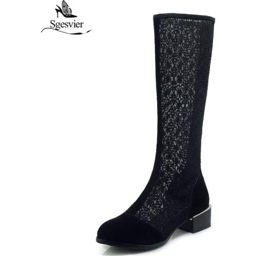 Sgesvier 2019 new arrival knee high boots women flock spring summer shoes simple zip fashion hollow out ladies boots black G102