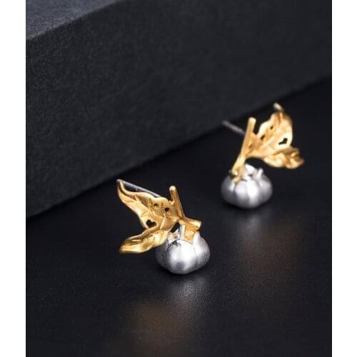 VLA 925 Sterling Silver Fashion Chinese Style Persimmon Earrings Womens Creative Leaf Earrings Mean Everything Goes Well