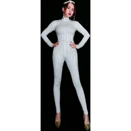 Fashion White Pearls Bodycon Jumpsuit Stretch Leggings Women Sexy Nightclub Party Outfit Female Long Sleeve Bodysuit Stage Wear