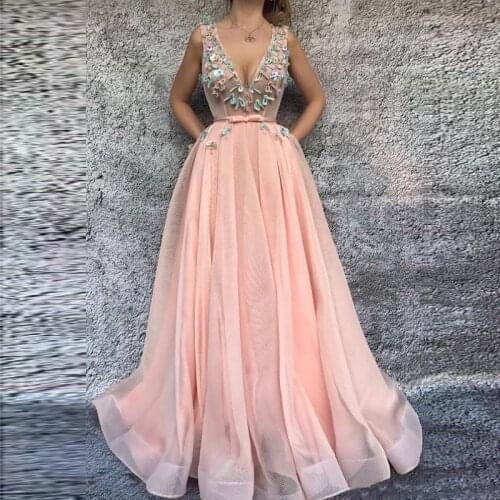 2020 Blush Pink Long Prom Dresses Sexy Deep V Neck Candy Appliqued A Line Evening Dress Elegant Cheap Formal Party Dress
