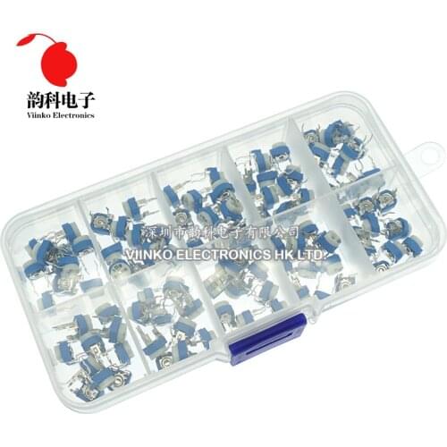 100Pcs/Box RM065 Carbon Film Horizontal Trimpot Potentiometer Assortment Kit 10 Values Variable Resistor 500R - 1M