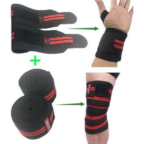 2Pcs Knee Bandages + 2Pcs Sport Wristbands Fitness Wrist Leg Power Training Compression Support Straps For Squat Weightlifting