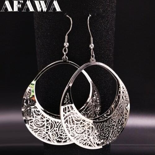 2021 Fashion Big Stainless Steel Drop Earrings for Women Jewelry Silver Color Flower Statement Earrings aretes largos E612333
