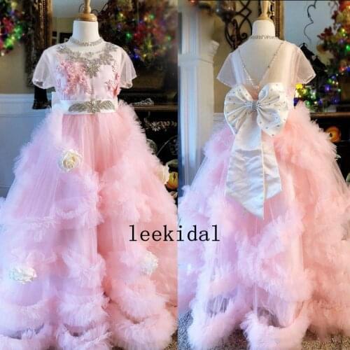 2020 Pink Flower Girls Dresses Jewel Neck Beads Hand Made Flowers Bow Tulle Pageant Dresses Floor Length Girls Party Gowns