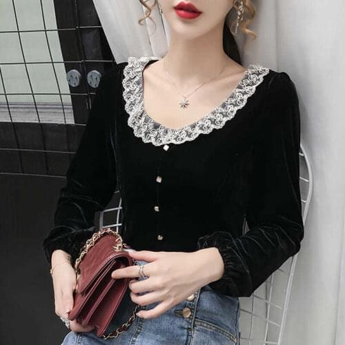 Blouse Women Autumn Long-Sleeved Shirt Short Gold Velvet Lace V-neck Shirt Blusas Mujer De Moda
