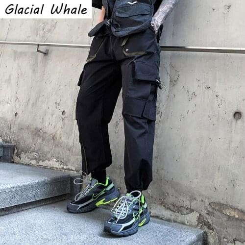 GlacialWhale Mens Cargo Pants Men Slim Fit Side Pockets Joggers Hip Hop High street Fashion Streetwear Trousers Black Pants Men