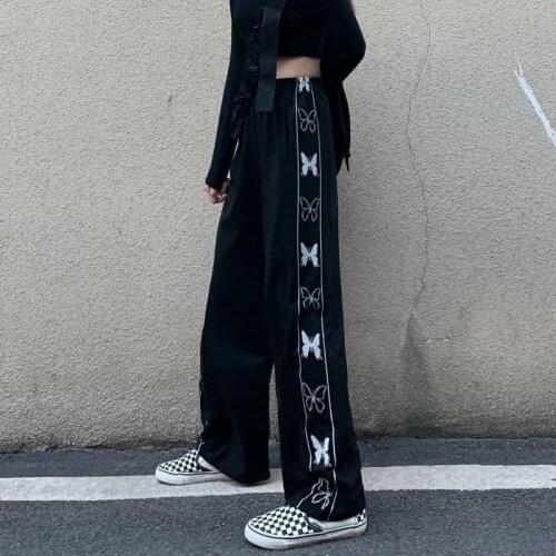 Hip-hop wide-leg pants womens dark butterfly print Korean vintage high-waist straight-leg pants Harajuku hip-hop oversize pants