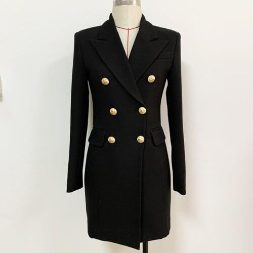 Black Blazer Dress 2021 New Double-Breasted Gold Button Back Zipper Notched Long Sleeve Work Business Suit Dress High Quality