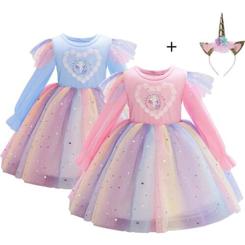 Girl Unicorn Rainbow Puffy Mesh Princess Dresses For Childrens day Birthday Wedding Party Ball Kids Long sleeve Sequins Clothes