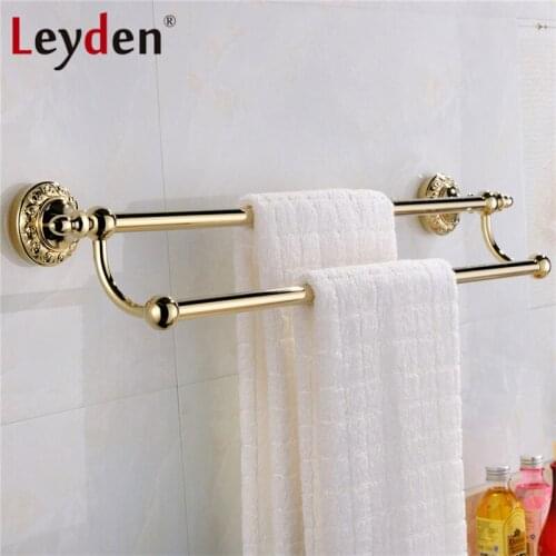 Leyden High Quality Luxury Solid Brass Gold Double Towel Bar Towel Holder Flower Carving Gold Base Towel Rail Bathroom Hardware