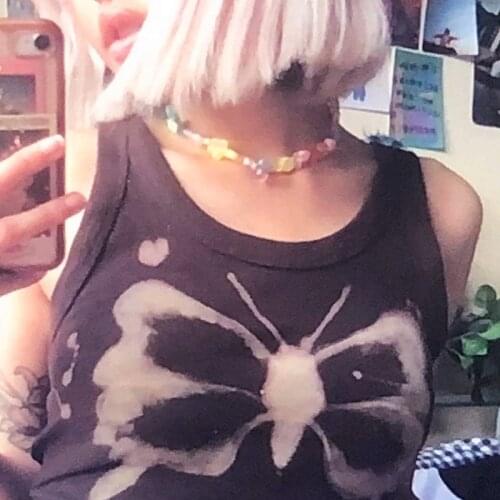 E-girl Women Sleeveless Tank Tops Retro Butterfly Print Brown Crop Tops Y2K Aesthetics Indie Streetwear 90s Vintage Summer Vests