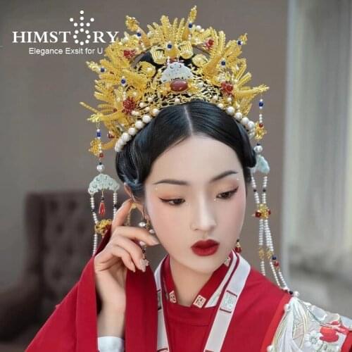 HIMSTORY Classical Chinese Bridal Gold Phoenix Queen Coronet Crown Luxury Tassels Beaded Wedding Stage Jewelry Hair Accessories