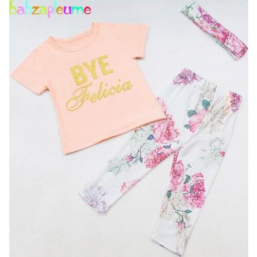 3PCS/0-3Years/Summer Kids Tracksuit Baby Clothing Sets Casual Letters T-shirt+Flower Pants+Headband Toddler Girls Clothes BC1396