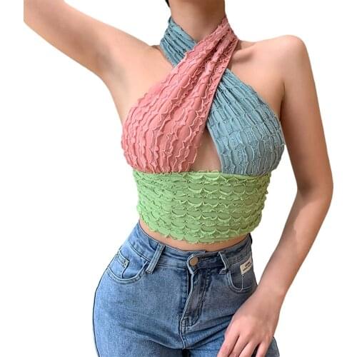 Womens Tanks Fashion Contrast Color Vest Summer Sexy Camis Halter Hollow Exposed Navel Slim Fit Camisole
