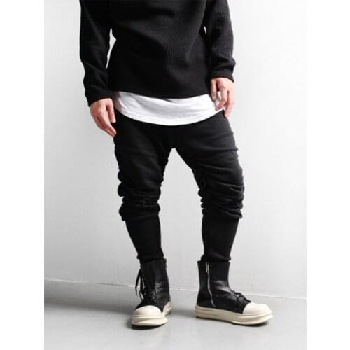 Men pleated pants spring and autumn new black hair stylist style slim side zipper design fashionable pleated casual pants