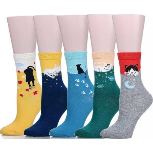 5 pairs/lot multicolor Cute Cat Harajuku Animal Design Womens Casual Comfortable Cotton Crew Socks Christmas sock free