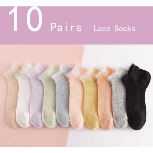 10 Pairs 5 Sweet Lace Socks for summer thin Transparent Boat Silk Socks Short invisible Women Girls Solid color Preppy style