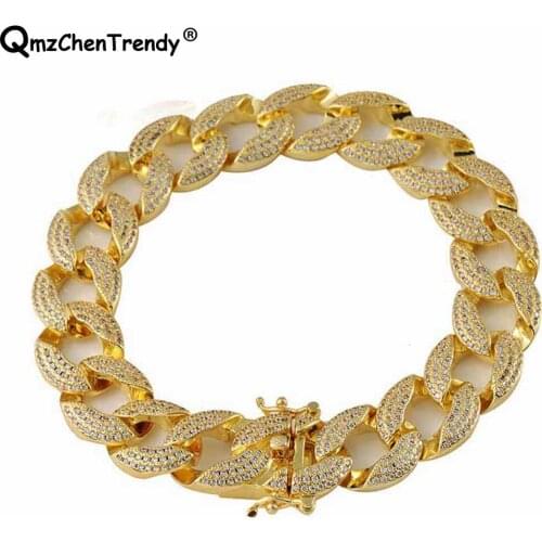 New 2018 15MM Mens Iced Out Zircon Miami Cuban Link Bracelet Gold Charm Copper Material Lab Luxury Box Clasp Women CZ Bracelets