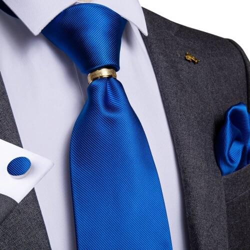 New Designer Men Tie Blue Solid Silk Wedding Tie For Men DiBanGu Handkerchief Cufflinks Ring Tie Set Business Fashion ZH02-850
