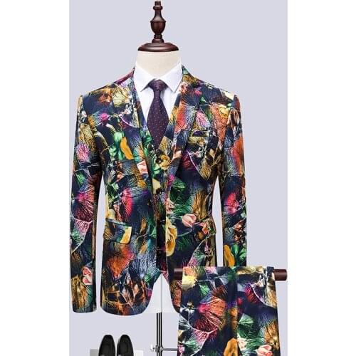 New color printing Korean suit, trendy man, Korean supporter, performance dress, groom nightclub suit, large size three-piece