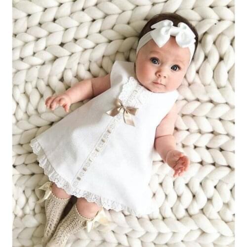 0-24M Baby Girl Clothes Sweet Solid Color Bow Lace Hem Sleeveless Headband Two-Piece Princess Dress