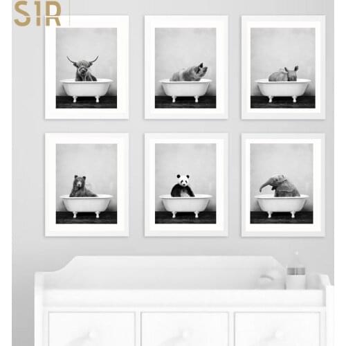 Baby Animal in Bathtub Poster Panda Giraffe Elephant Lion Pig Cow Canvas Painting Nursery Wall Art Nordic Picture Kid Room Deco