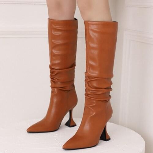 Simple Pleated Style Solid Pointed toe Kitten Heel Knee High Boots for Girls Work School Boots Short Slip on Big Size 43