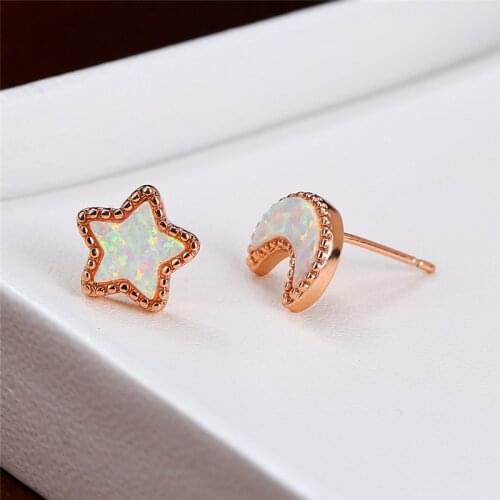 Rose Gold Silver Color Wedding Earring Cute Star Moon Stud Earrings Charm Female White Blue Opal Asymmetrical Earrings For Women
