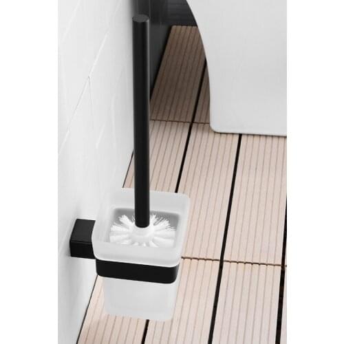 Toilet Brusher Glass Brusher With Black Holder Frosted Square Glass Cup for Home Hotel