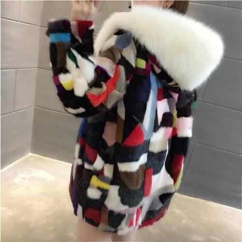 2018 New Women Natural Real Pieces mink fur coat Long hooded with fox fur collar Mink Fur Jacket Outwear