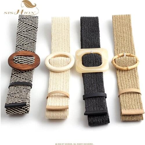 SISHION Wooden Button Belt For Women Elastic Straw Belt Decoration for Dress Belt Casual Female Belt Accessories SP0775