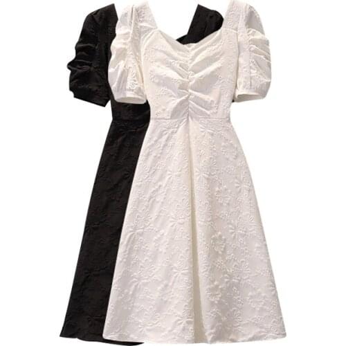 Sweet Style Solid White Women Dresses Summer New 2021 Square Collar Puff Sleeved Slim A-Line Princess Elegant Female Clothing