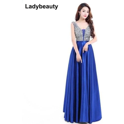Sexy V-Neck Evening Dress Elegant Robe De Soiree Satin With Sequined Evening Dresses Long Dress 2018 New Design Vestido De Festa