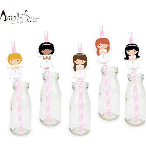 My First Communion Straw 25PCS Paper Straws Birthday Party Festive Supplies Decoration Paper Drinking Straws Pink