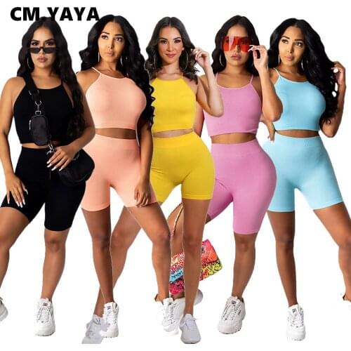 CM.YAYA Activewear Knit Sweatsuit Womens Set Tank Crop Top Knee Length Pants Suit Ribbed Tracksuit Two Piece Set Fitness Outfit