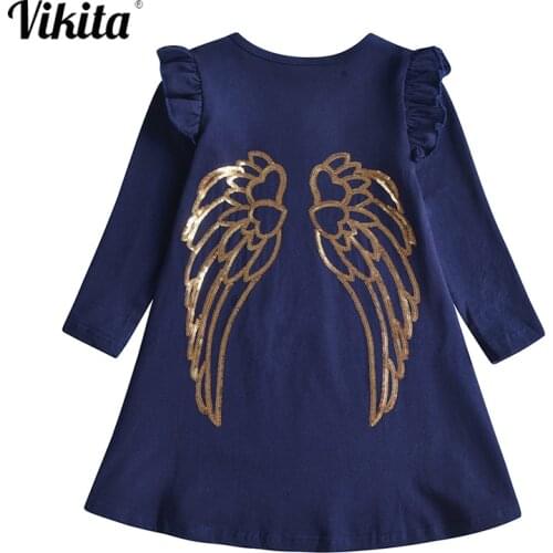 VIKITA Kids Cotton Dress for Girl Children Golden Sequins Dresses Girls Flare Sleeve Casual Clothes Kids Autumn Fashion Dress